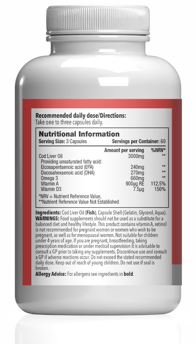 Pure Cod Liver Oil 1000mg | Supports Heart, Brain, Vision & Immune Health | 240mg of EPA and 270mg of DHA per Serving | 360 Capsules | Made in The UK | Made with MSC-Certified Cod Liver Oil New Label Design