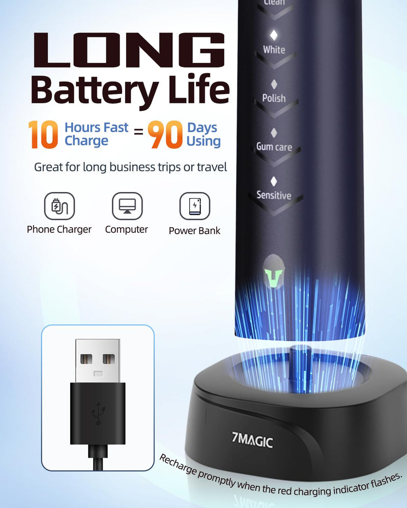[Australia] - Electric Toothbrush for Adults, Sonic Electric Toothbrush with 3 Intensity Levels & 5 Modes, One Charge for 60 Days, Rechargeable Toothbrush with 6 Toothbrush Heads & 40,000 VPM Deep Clean(Blue) Blue 