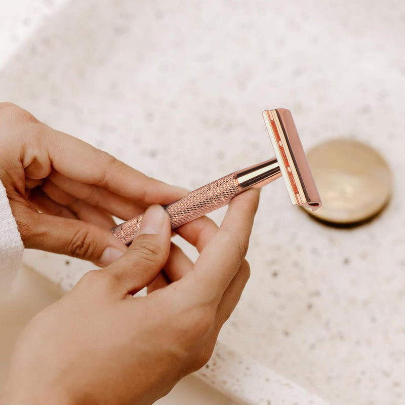[Australia] - Double Edge Safety Razor, Single Blade Razors for Women, with 10 Platinum Coated Safety Razor Blades, Reusable Metal Face Razors for Men, Sustainable Safety Shaving Razor, No Plastic, Rose Gold Rose Gold Razor 