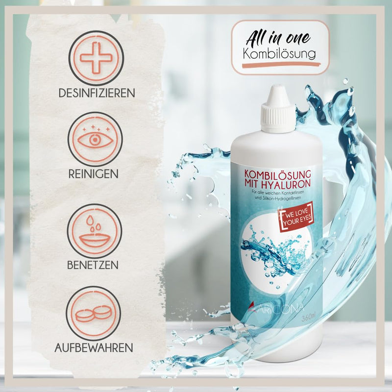 [Australia] - aricona contact lens liquid - 2 x 360 ml all-in-one combination solution with hyaluronic acid - contact lens liquid for soft lenses including container 360 ml (pack of 2) 