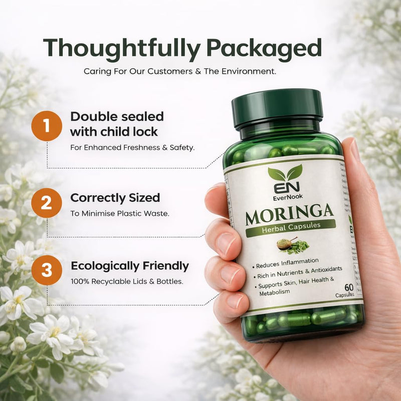 Moringa Capsules 500mg – 60 Vegetarian Capsules – Moringa Leaf Powder Supplement – Natural Antioxidant Superfood – Supports Energy, Metabolism, Skin & Hair Health – Herbal Supplement