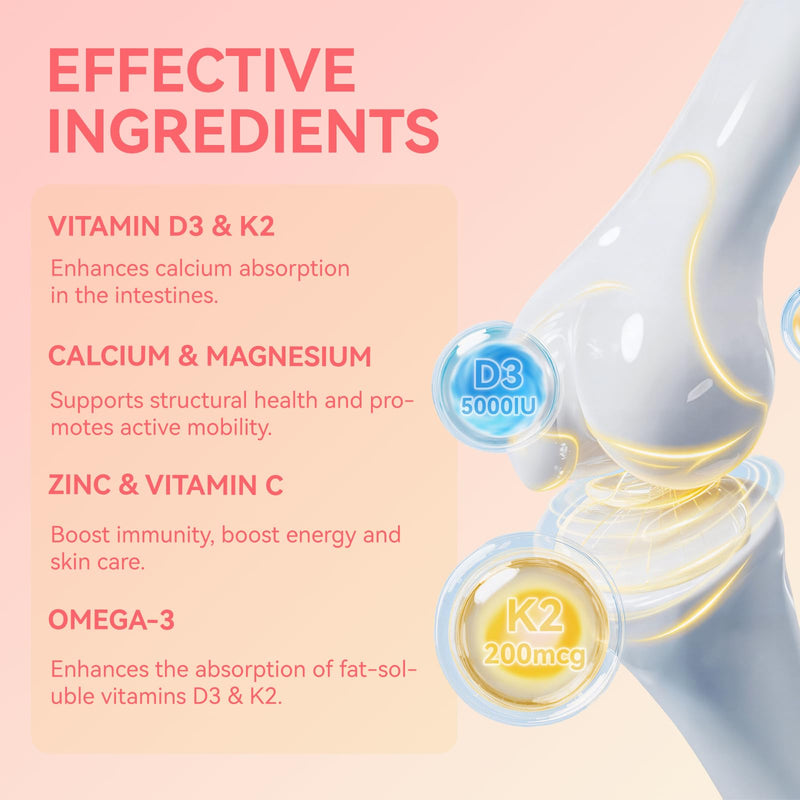 Vitamin D3 K2 Gummies for Adults - 5000IU D3 + 200mcg K2 (MK-7) - 60 Counts | with Calcium Citrate, Magnesium Citrate, Omega-3 for Bone, Muscle, Teeth Immune, Sugar Free, Vegan 60 Count (Pack of 1)