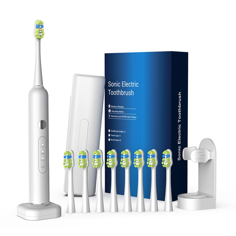 Sonic Electric Toothbrush, Rechargeable Travel Toothbrush Set, IPX7 Waterproof Power Toothbrush with Case, 8 Brush Heads, Charger, 2-Min Smart Timer, One Charge for 60 Days(White) White
