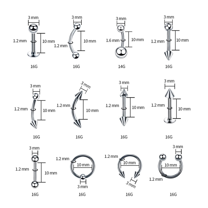 [Australia] - 84PCS Body Septum Piercing Kit 14G 16G Tools for Nose Tongue Lip Ear Eyebrow Belly Button Cartilage Tragus Industrial Barbell Helix Daith Piercing Jewelry Clamps 