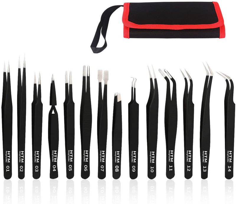 HengTianMei Precision Tweezers Set, ESD Anti-Static Stainless Steel Tweezers Set for Craft, Jewelry, Electronics, Laboratory Work (14 PCS) 14