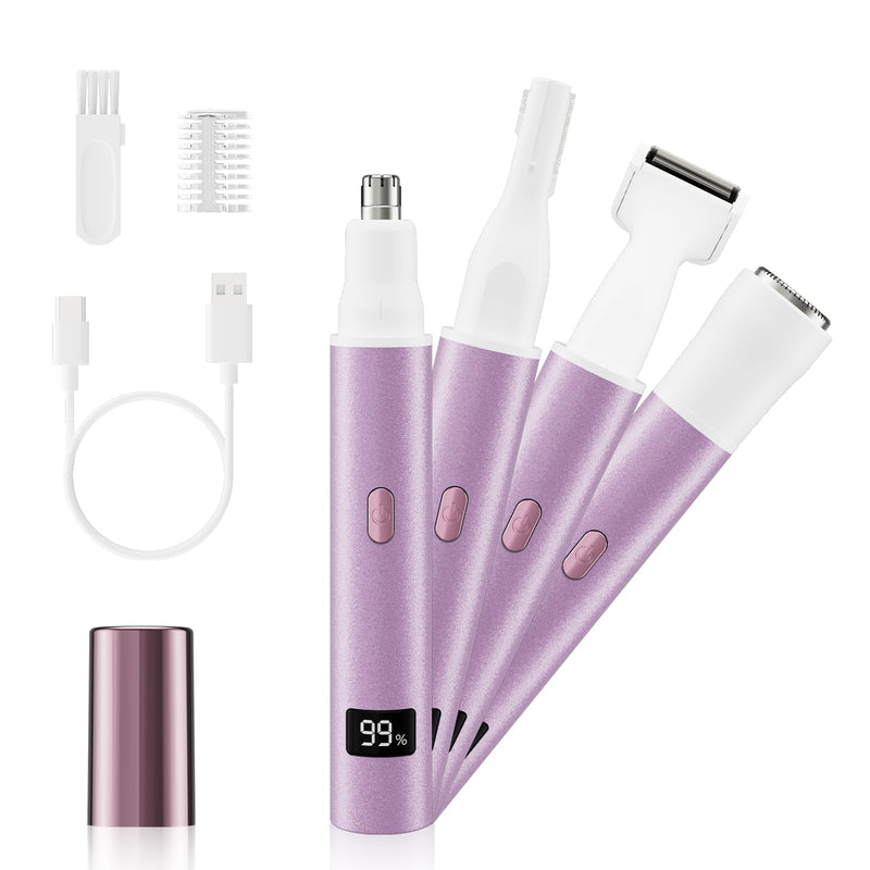 Nose Hair Trimmer for Women, 4-in-1 Electric Eyebrow Trimmer with LED Display, Painless & Waterproof Facial Hair Removal, USB-C Rechargeable Hair Shaver Razor for Nose Ear Eyebrow Peach-Fuzz Lips Chin
