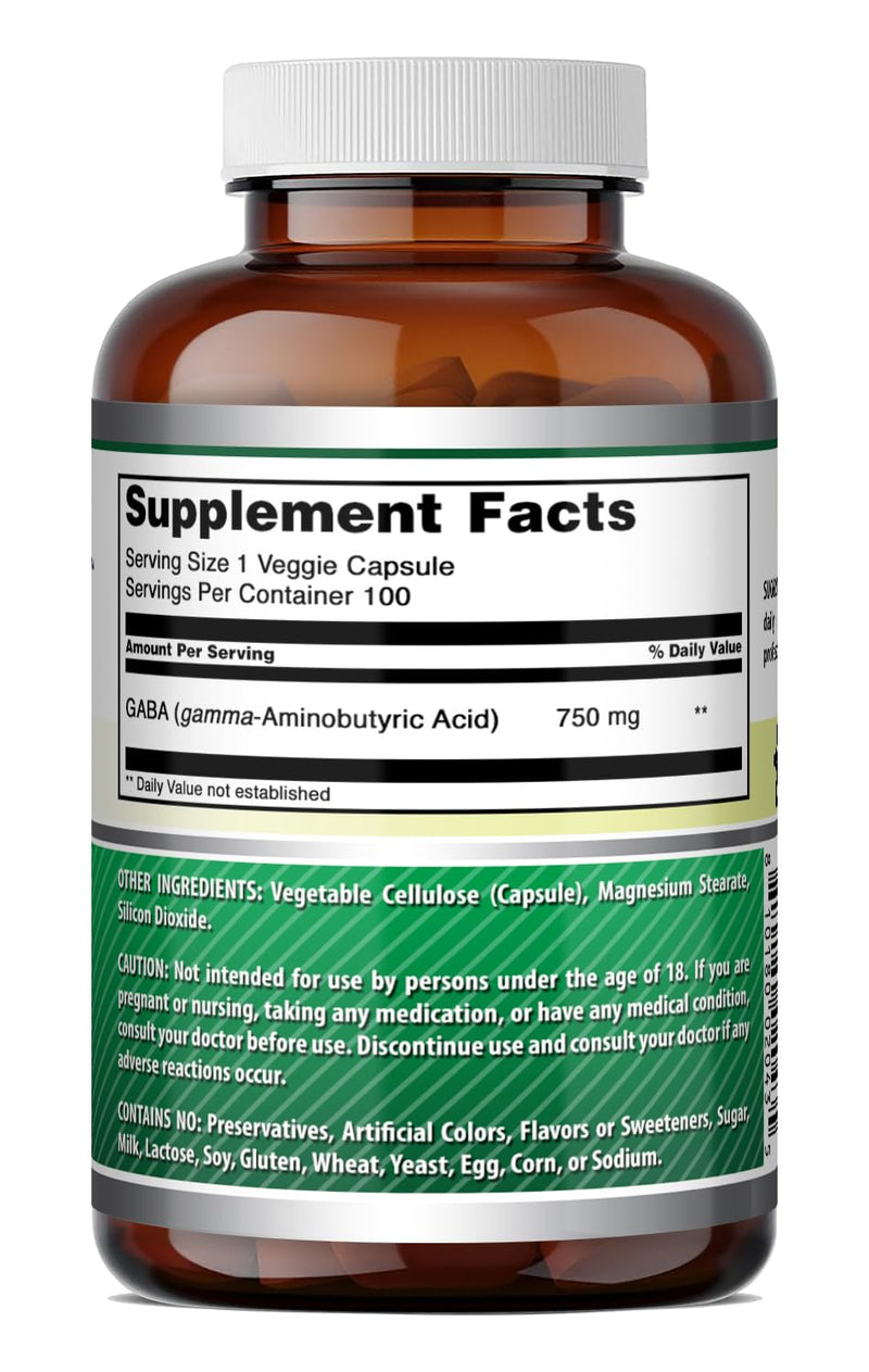 Amazing Formulas GABA Supplement | 750 Mg per Serving | 100 Veggie Capsules | Non-GMO | Gluten-Free | Made in USA | Ideal for Vegetarians Unflavored - 100 Count