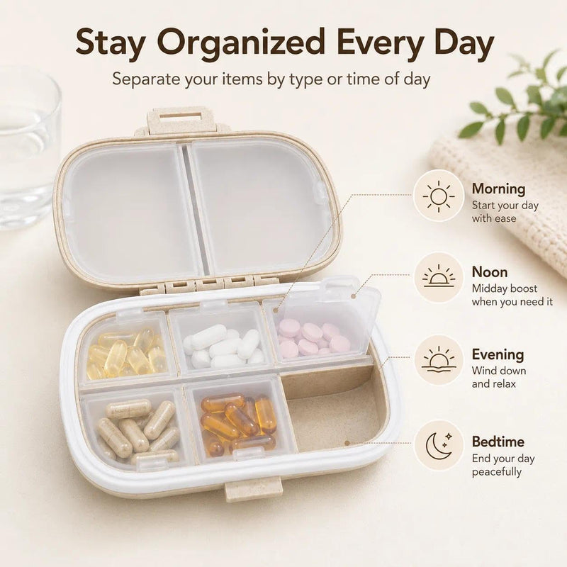 Travel Pill Organizer, 8-Compartment Portable Pill Case for Vitamins and Supplements, Compact Pill Box for Pocket and Purse, Beige