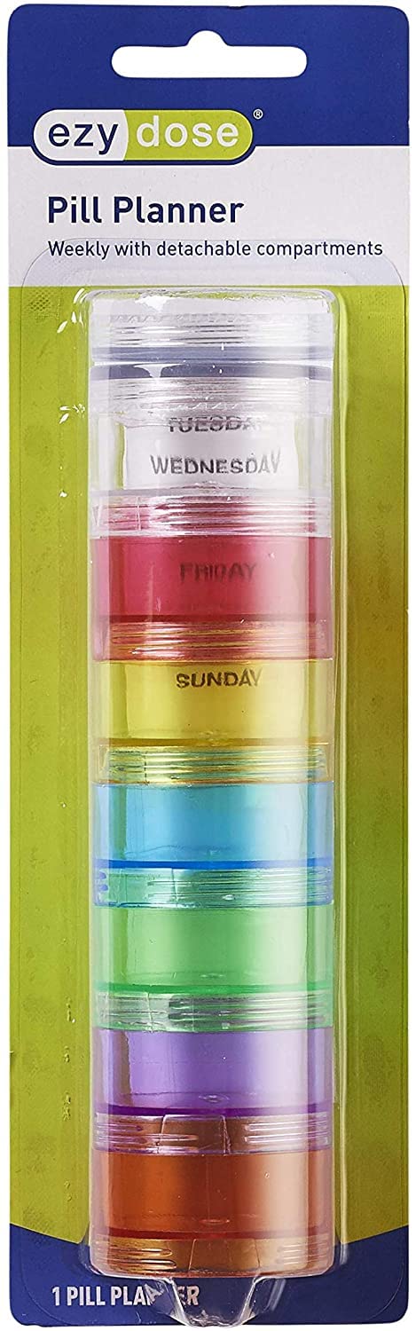 Ezy Dose Weekly (7-Day) Daily Stackable Pill Case, Medicine Planner, Vitamin Organizer Box, Medium Detachable Compartments, Easy to Use, Rainbow Colors, BPA Free