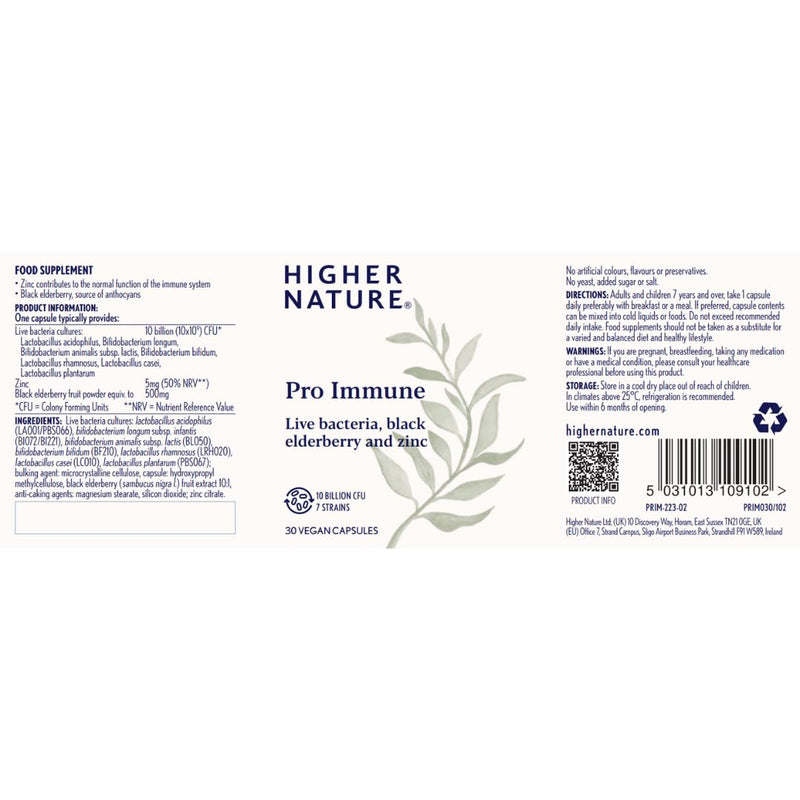 Higher Nature - Pro Immune - Triple Action Immune Support Probiotic - Live Bacteria, Black Elderberry and Zinc - 7 Bacteria Strains - 10 Billion CFUs - Vegan Probiotics - 30 Capsules