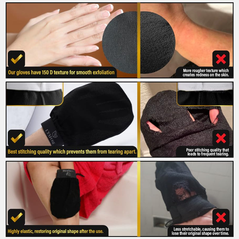 [Australia] - L'Exfose Kessa Hammam Deep Exfoliating Glove 2pc - Korean Exfoliating Mitt for Shower Ideal for Dead Skin Remover, Keratosis Pilaris & Self-Tanning to Improve Skin Tone Made with 100% Natural Viscose Salmon & Black 
