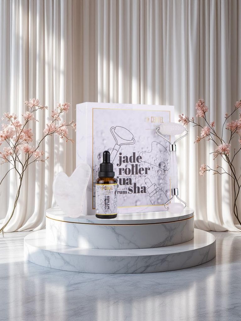 100% Real Crystal Jade Stone Roller and Gua Sha Set with Vitamin C Serum | Great for Eye Puffiness Treatment, Skin Tightening, Anti Aging, Rejuvenate Face & Neck | Great Gift for Women & Men (Crystal)