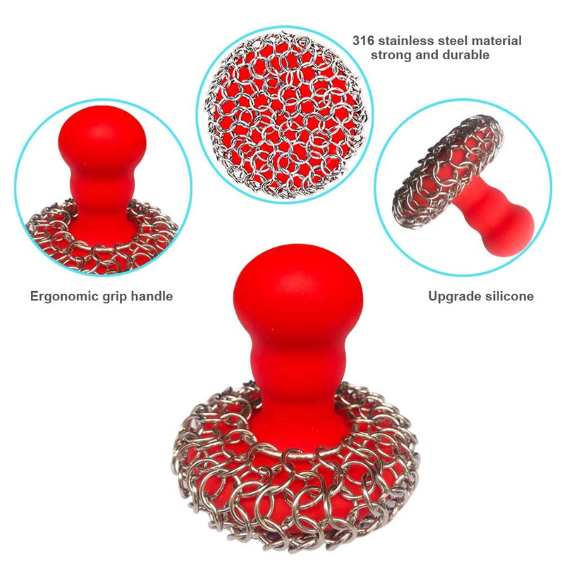 [Australia] - 316 Upgraded Chainmail Scrubber with Silicone Handle Cast Iron Cleaner for Cast Iron Grill Pan Skillet Wok Bakeware Ergonomic to Hold Easy to Use Dishwasher Safe, Scrubber + Scraper + Towel (Red) Red 