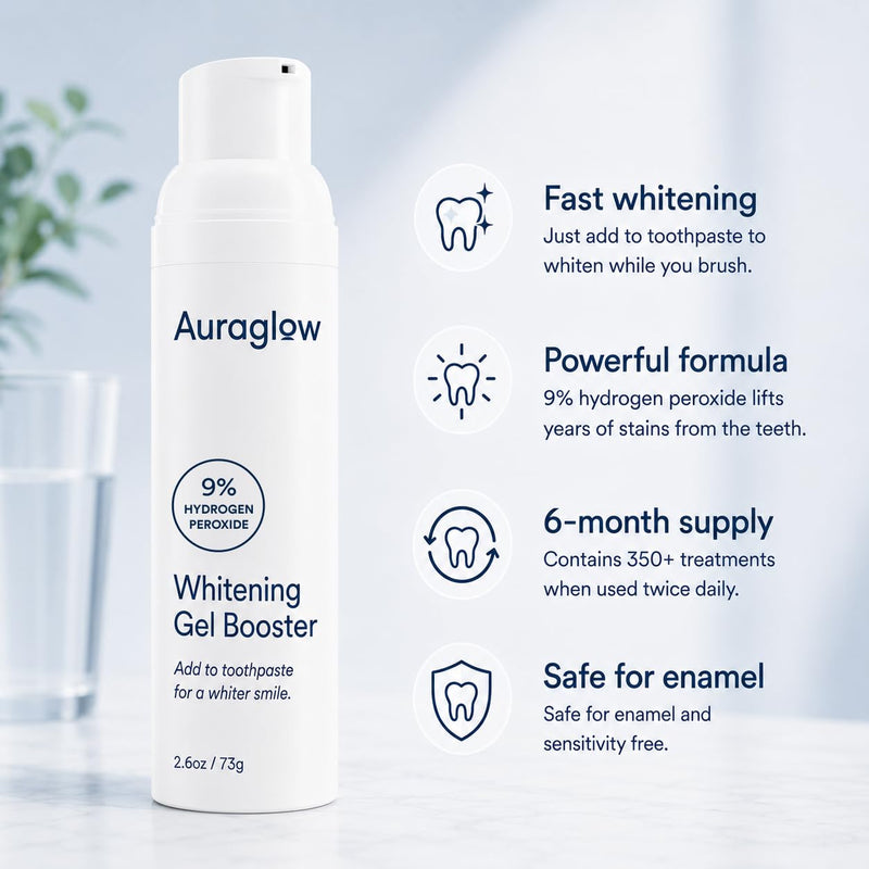 Auraglow Teeth Whitening Gel for Toothpaste, 9% Hydrogen Peroxide, Add to Toothpaste to Whiten, 350+ Whitening Treatments, Removes Coffee Wine Tea Stains, No Trays or Strips, Made in USA, 2.6oz Mint