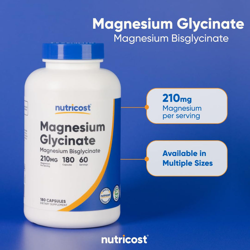 [Australia] - Nutricost Magnesium Glycinate Capsules (180 Capsules, 210 mg Per Serving) - Magnesium Glycinate Supplement for Gentle Absorption Unflavored 180 Count (Pack of 1) 