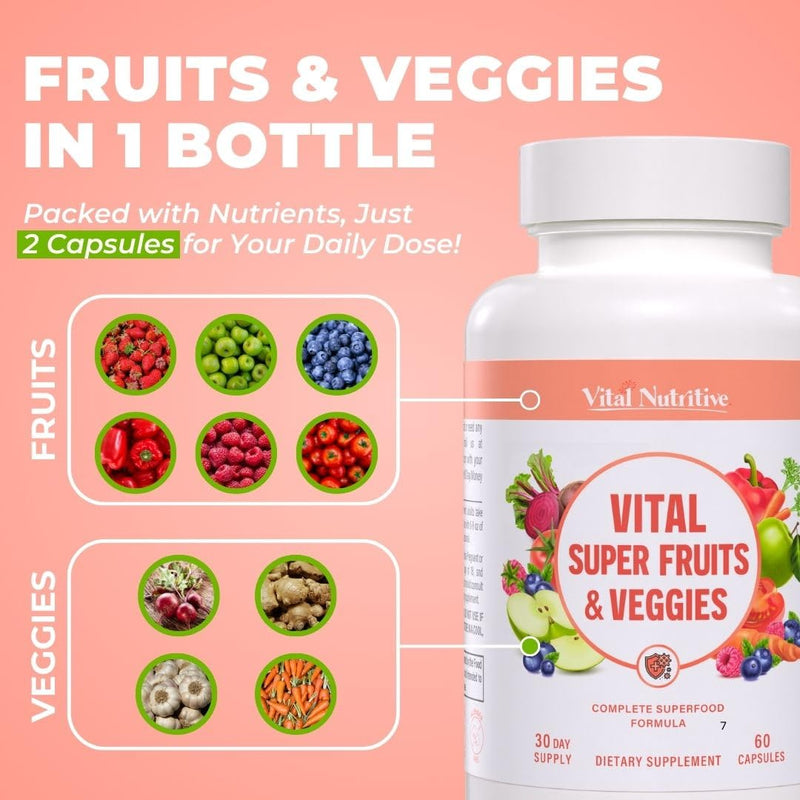 [Australia] - Vital Super Fruits & Veggies - Daily Superfood Capsules for Adults - Fruit and Veggies Supplement to Boost Immunity & Energy - 2-in-1 Formula for Overall Wellness - Fruit and Vegetable Capsules 60 Count (Pack of 1) 