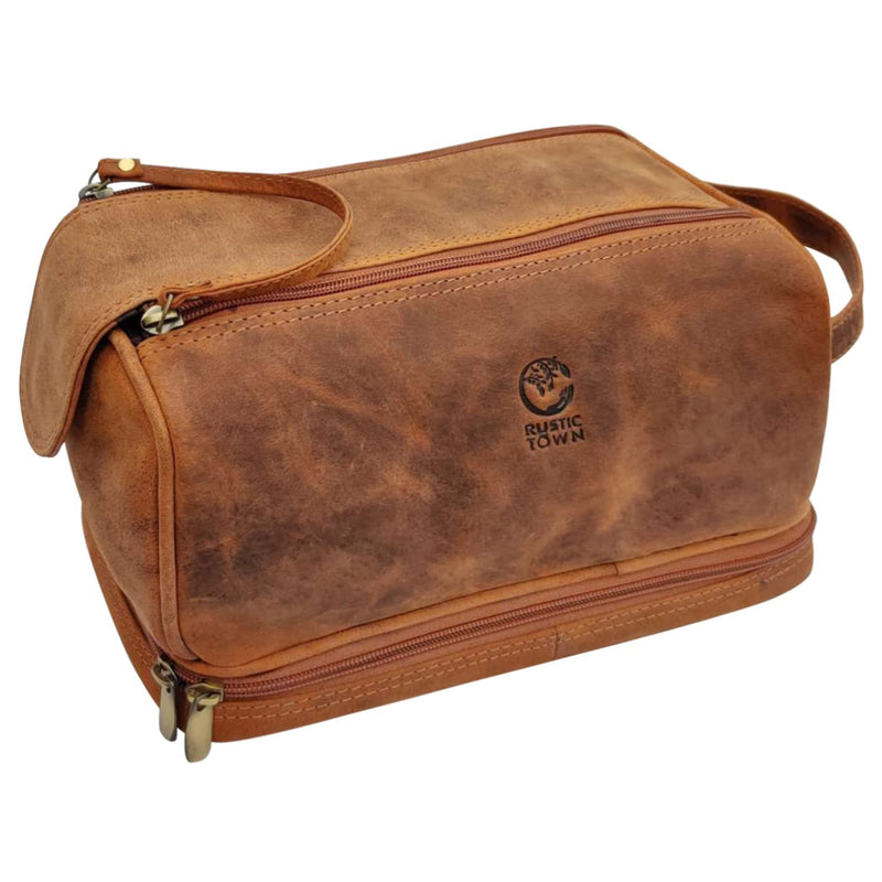 Leather Toiletry Bag for Men - Travel Shaving Dopp Kit - Bathroom Shower Toiletries Organizer - Cosmetic Make up Bag for Women | 2 Compartments, YKK Zipper, Fits Carry-Ons; Gifts for Father, Husband; Cologne Organizer, Shaving Bag, Water Resistant Lining