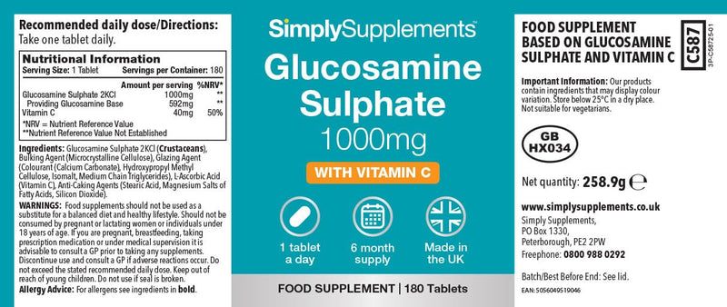 Glucosamine Sulphate 1000mg with Vitamin C | Premium-Grade Glucosamine | 180+180 (360) Tablets | Manufactured in The UK Unflavoured 180 count (Pack of 2)