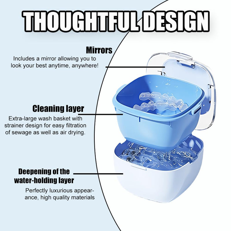 [Australia] - Denture Case, Retainer Cleaning Box, Large Capacity Denture Container Cup for Any Full and Partial Denture, Clear Dentures, Retainers, Night Guards (with Brush and Mirror) Pink 