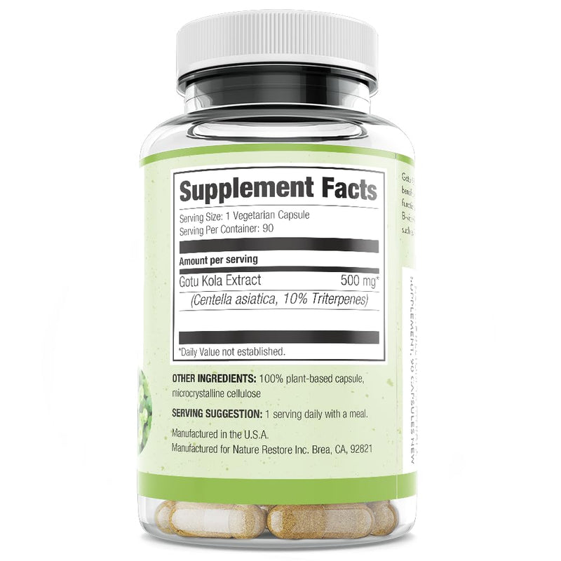 [Australia] - Nature Restore Gotu Kola Extract Supplement, Standardized to 10 Percent Triterpenes, Manufactured in USA, 90 Capsules, Non GMO, Gluten Free, Vegan 