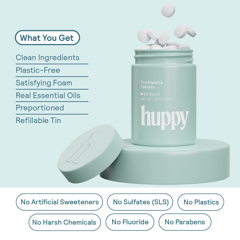 [Australia] - HUPPY Toothpaste Tablets, Nano Hydroxyapatite Toothpaste - Natural Whitening, Fluoride Free and Remineralizing Tablets - Travel Hydroxyapatite Tabs, 62 Count One Month w/Refillable Tin Can 