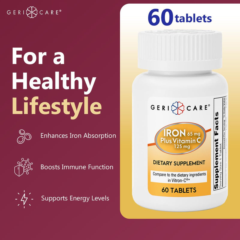 GeriCare Iron 65mg Plus Vitamin C 125mg Tablets – High-Absorption Iron for Anemia Support, Red Blood Cell Production, Fatigue Reduction, and Immune Health – 60 Count (2 Pack) 60 Count (Pack of 2)