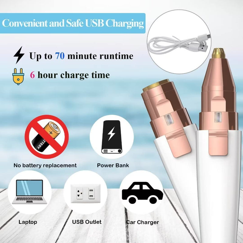 [Australia] - Eyebrow Razor,Facial Hair Removal for Women, (USB Rechargeable), 2 in 1 Eyebrow Trimmer and 100% Painless Hair Remover with Light for Nose, Lips, Face, Body White 