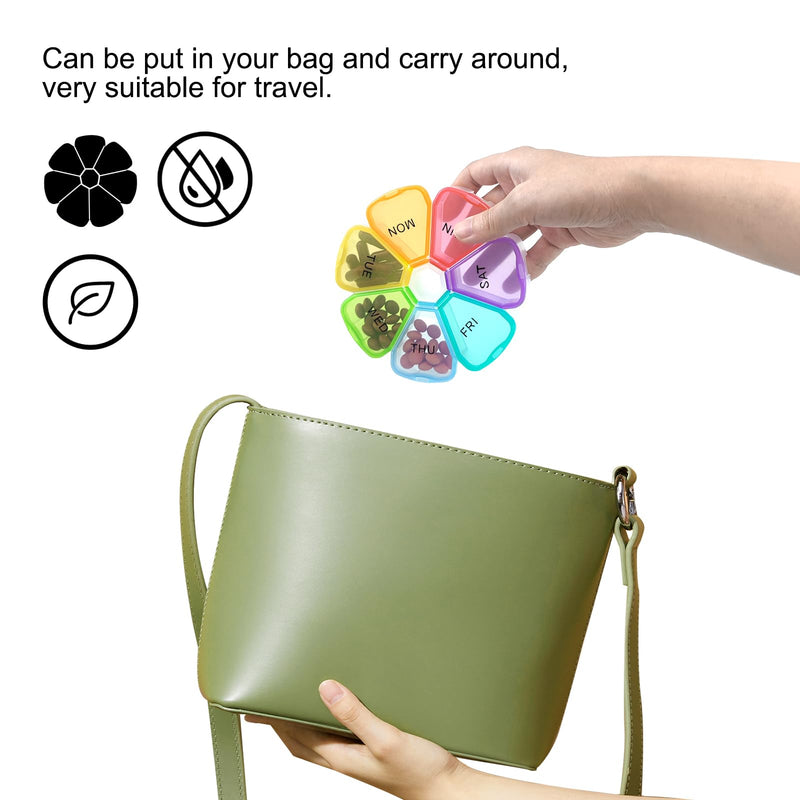 Quacc Weekly Pill Organizer Travel Pill Case, Sturdy Medcine Holder Rainbow | Portable Round Pill Container Box, Easy to Open and Fill, Large Compartments for Vitamin Fish Oil Pill Medication Supplement