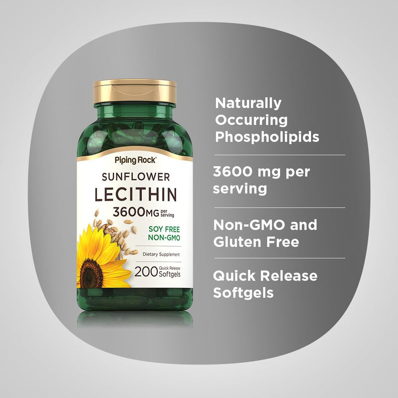 [Australia] - Piping Rock Sunflower Lecithin Softgel Capsules | 3600 mg | 200 Count | from Phosphatidylcholine | Soy Free, Non-GMO, Gluten Free 