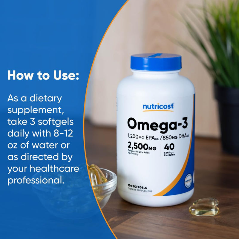 Nutricost Omega 3 Fish Oil - 2500MG, 120 Softgels (40 Serv) - Fish Oil, Wild Caught! 1200mg EPA 850mg DHA - Non-GMO, Gluten Free (Pack of 2) 120 Count (Pack of 2)