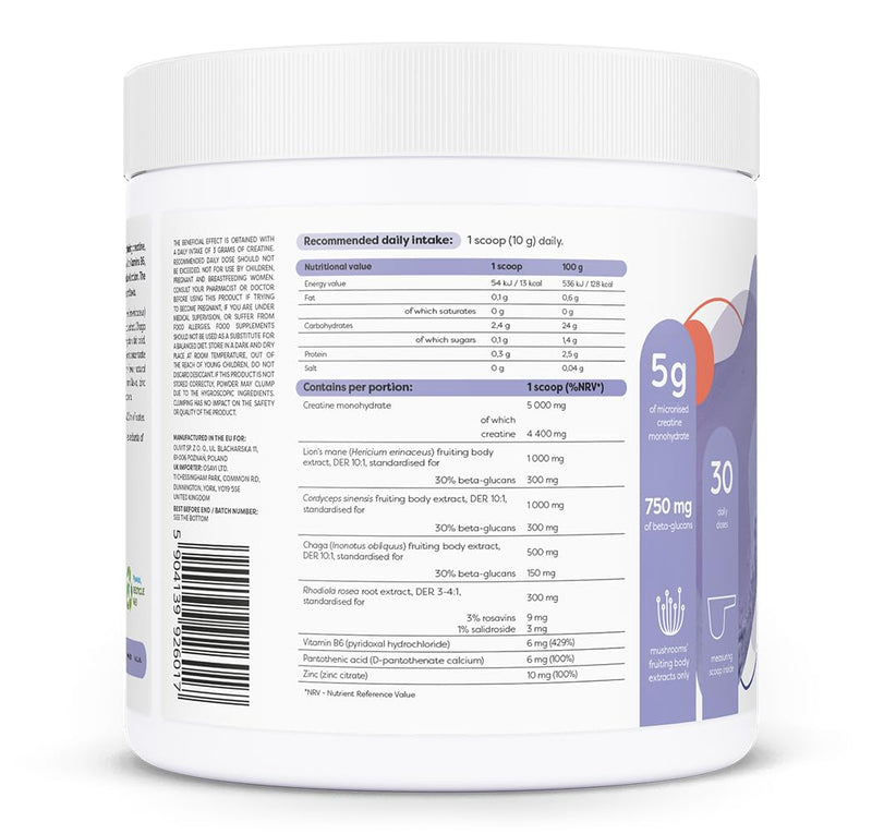 Osavi Creatine + Mushrooms & Rhodiola – 300 g Powder | Cherry & Strawberry | with Lion’s Mane, Cordyceps & Chaga | Increases Performance in Short Bursts of high Intensity Exercise | B6, B5, Zinc
