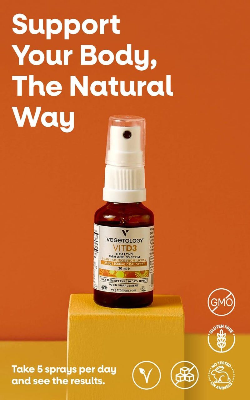 Vegetology Vitashine Vegan Vitamin D3 Spray, 1000IU, Sourced from Lichens, Supports Bones, Muscles and Immunity, Made in UK, for All Ages, 30 Day Supply