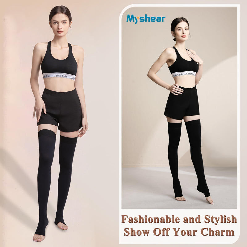 [Australia] - 20-30 mmHg Compression Stockings for Women and Men, Medical Graduated Compression Hoses, Open Toe Thigh High Compression Socks, Long Toeless Support Stockings for Varicose Veins, Edema, DVT X-Large Black 