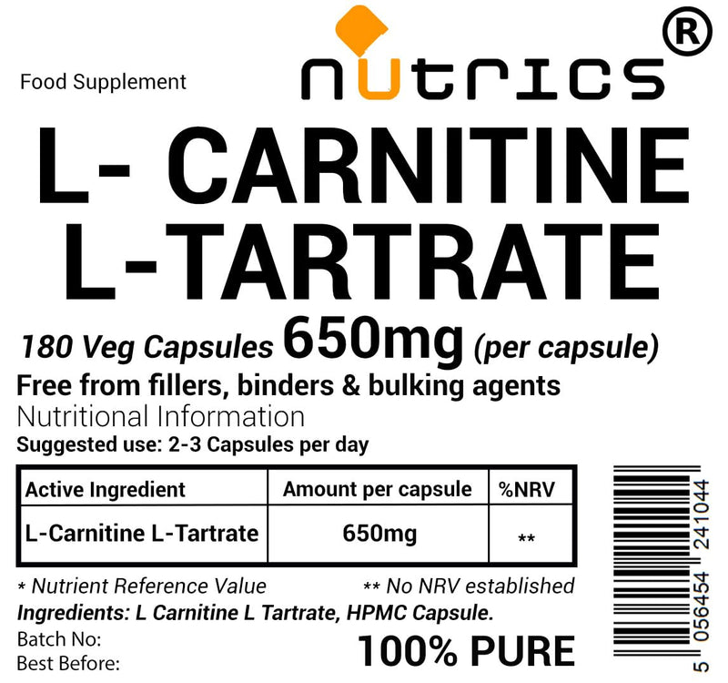 650mg (per Capsule) L CARNITINE L Tartrate 180 V Capsules - Highly Bioavailable 100% Pure No fillers, Binders or Bulking Agents - Vegetarian (180 V Capsules)