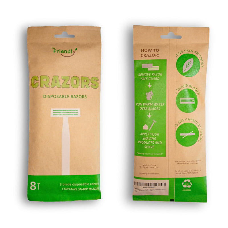[Australia] - Hair Removal Crazors 3 Blades – Disposable Razors for Men/Women's Grooming – Single-Use Body & Face Shaver – Raw-Material Earth+Skin Loving Travel-Size Toiletries – 8-Pack by MyFriendly 