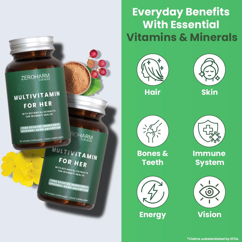 ZeroHarm Women’s Multivitamin – Plant-Based Formula with Vitamins A, B, C, D3, Iron & Zinc – Liposomal Absorption – Powered by Real Food Ingredients – 120 Vegan Capsules