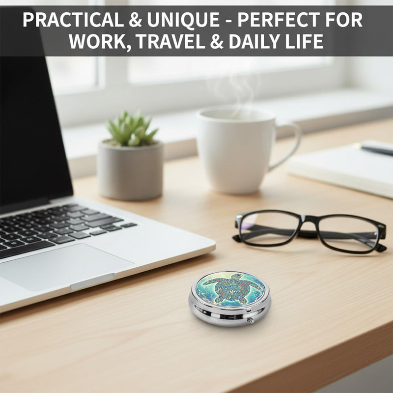 Round Pill Case Small Pill Box with Mirror Pocket 3 Compartment Vitamin Pill Medicine Case Organizer Pill Containers for Traveling Mandala Sea Turtle One Turtle Mandala One