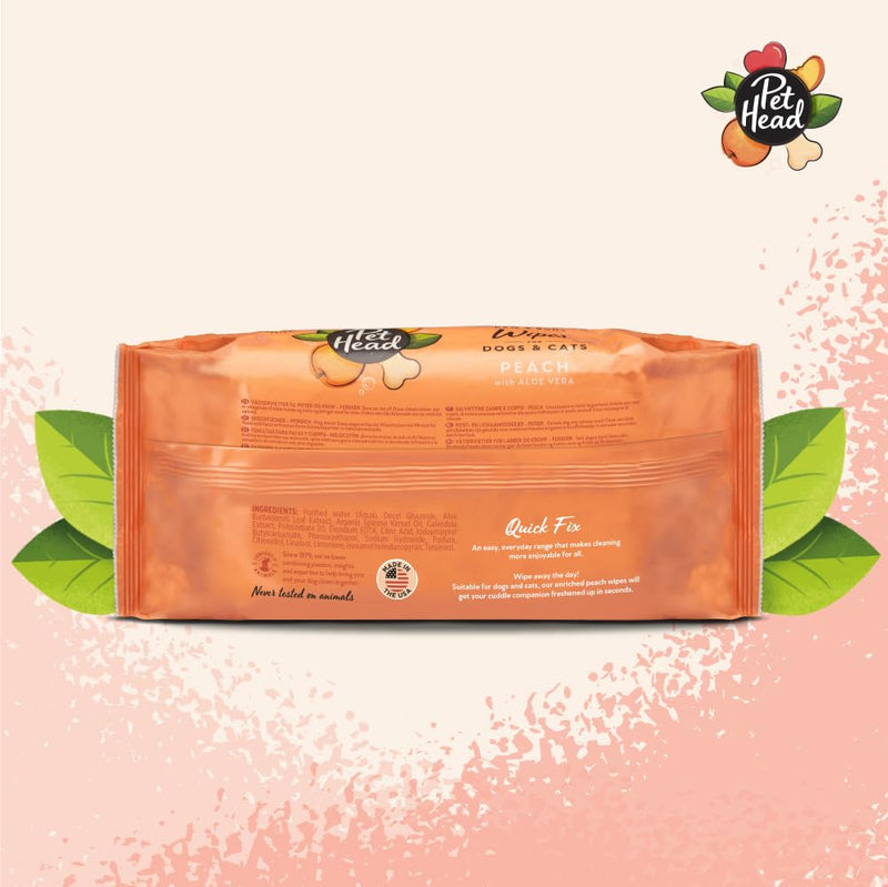 Pet Head Quick Fix Paw and Body Wipes for Cats and Dogs | Peach Scent with Aloe Vera | Biodegradable Pet Hygiene Cleaning Wipes | pH-Neutral | Vegan | for an Easy & Speedy Freshen-Up | 100 Pack 100 Wipes - PawsPlanet Australia