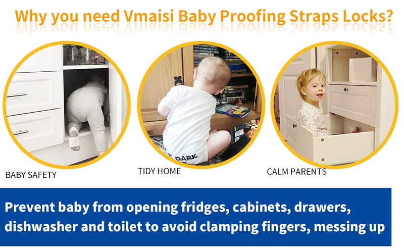 [Australia] - Vmaisi Baby Proofing Cabinet Locks - Childproofing Adjustable Multi Use Straps Latches for Drawers, Fridge, Dishwasher, Toilet Seat, Cupboard, Closet, Oven,Trash Can, Adhesive No Drilling (White) (4) 4 