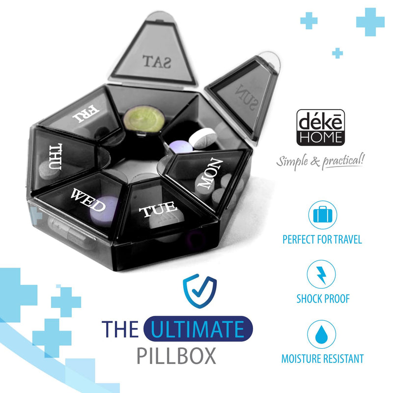 Deke Home - Small Weekly Pill Organizer (2 Pack), Round Pill Dispenser for Travel, Mini Pill Organizer, Compact Medicine Holder, Pill Sorters 7 Days, Portable Vitamin Container, BPA Free (Food Grade) Black