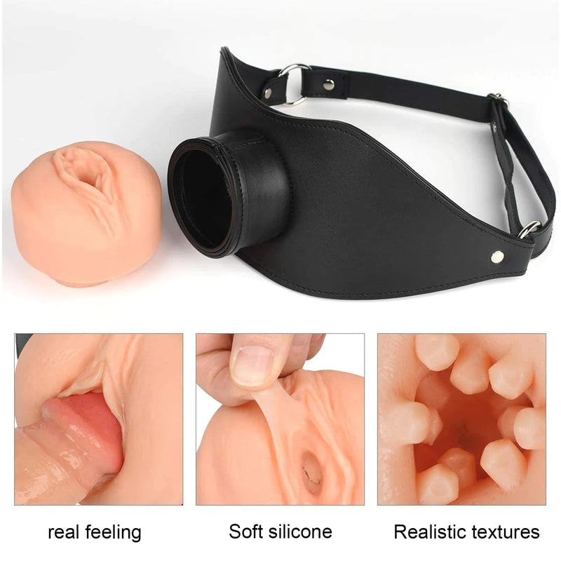 MFMYEE Pussy Oral Sex Mouth Gag, PU Leather Locked Mouth Gags & Muzzles Bondage, Open Mouth Gag Oral Sex Deep-Throat Ejaculation, BDSM Fetish Slave Mouth Gag Restrict Adult Games Erotic Sex Toys