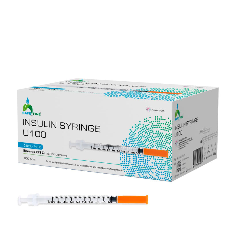 [Australia] - Safe Fine U-100 Insulin Syringes 8 mm 31G (5/16" x 0.25 mm) 0.5 ml/cc 100 Pcs/Box 8mm 31G 