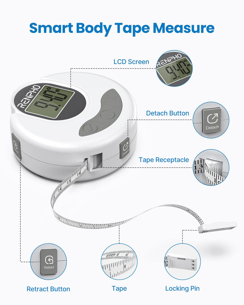 [Australia] - RENPHO Body Measuring Tape, Bluetooth Smart Tape Measure with Lock Hook & Retractable Function, Accurate Body Fat Measurement Device for Weight Loss, Muscle Gain, Fitness Bodybuilding, 60in /150cm 