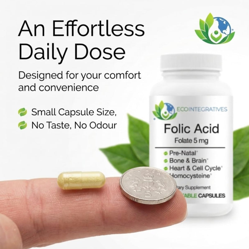 EcoIntegratives Folic Acid Folate 5mg (B9) Prenatal, Reproductive Health, Homocysteine, Metabolism, Cardiovascular, Bone, Immune Support, Allergen Free, Non GMO - 100 Vegan Capsules 1
