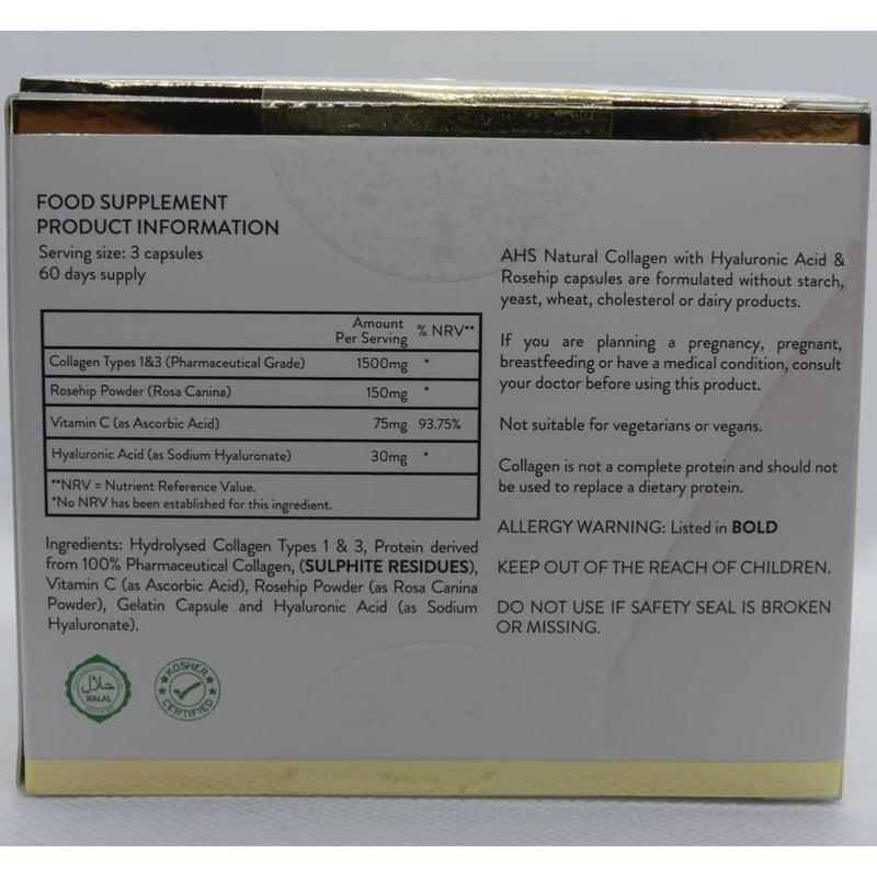 AHS Natural Collagen - Pack of 180 Capsules with Hyaluronic Acid and Rose Hip