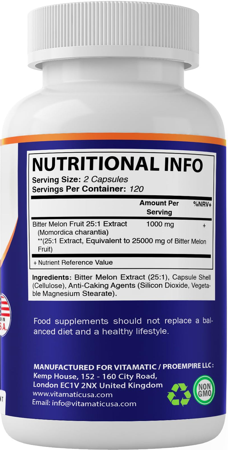Vitamatic Bitter Melon- 25000 mg Equivalent Per Serving (from 25:1 Extract 1000 mg)- 240 Vegetarian Capsules, and Concentrated 25X Potency 100% Vegetarian, All-Natural and Non-GMO