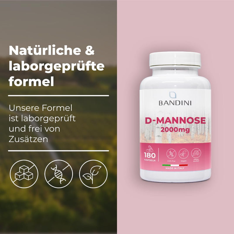 [Australia] - Bandini® D Mannose for cystitis, 2000 mg pure, high dosage, 180 capsules, dietary supplement for well-being and support of the urinary tract, D-Mannose, 100% vegan & GMO-free 180 pieces (pack of 1) 