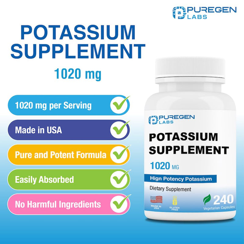 [Australia] - Puregen Labs Potassium Bicarbonate Supplement 1020 mg | Non-GMO | Gluten Free | Made in USA | 240 Vegetarian Capsules 