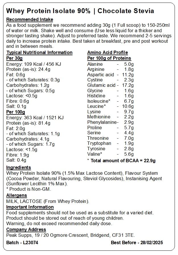 Whey Protein Isolate 90% - Chocolate Stevia Flavour (500g) 500g