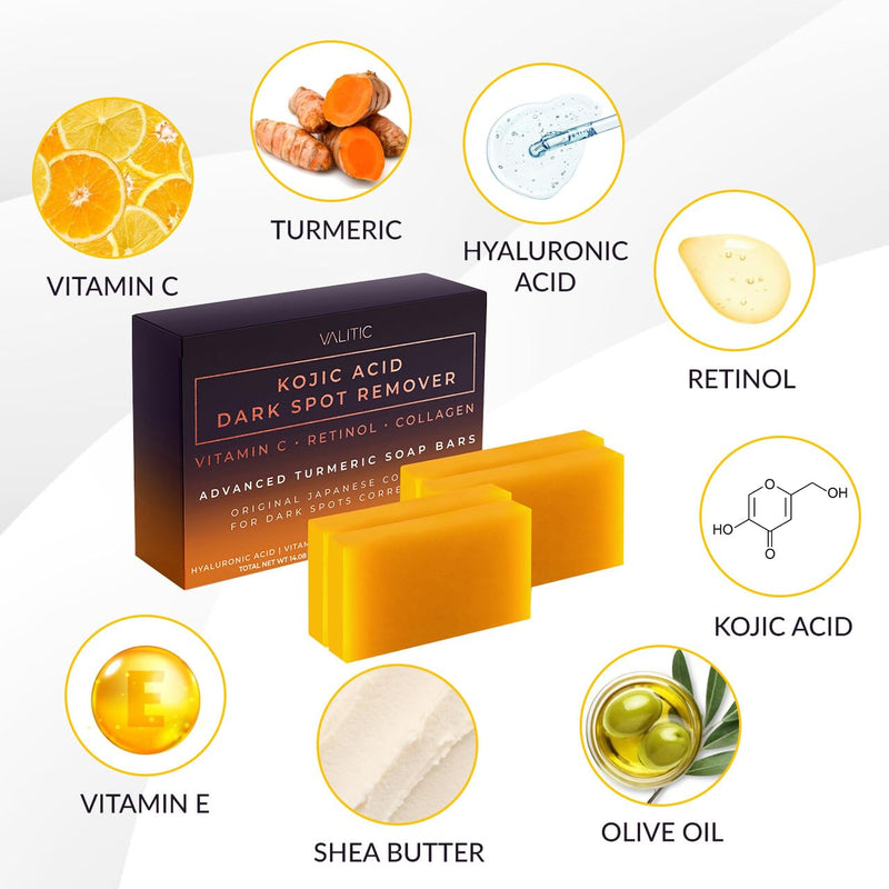 Valitic Kojic Acid Dark Spot Remover Soap Bar with Vitamin C, Retinol, Collagen, Turmeric - Original Japanese Complex - Hyaluronic Acid, Vitamin E, Shea Butter, Castile Oil ( 4 Pack ) With Soap Holder 4 Pack + Holder